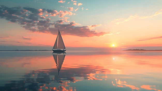 Sailboat on a Calm Lake at Sunset with Distant Mountains