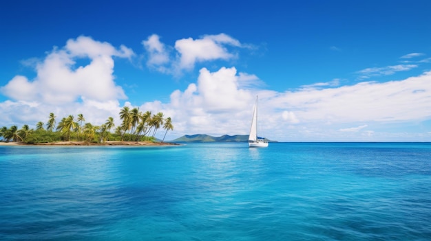 Sailboat cruising near a tropical island paradise with turquoise water blue sky and fluffy clouds Concepts vacation travel paradise escape