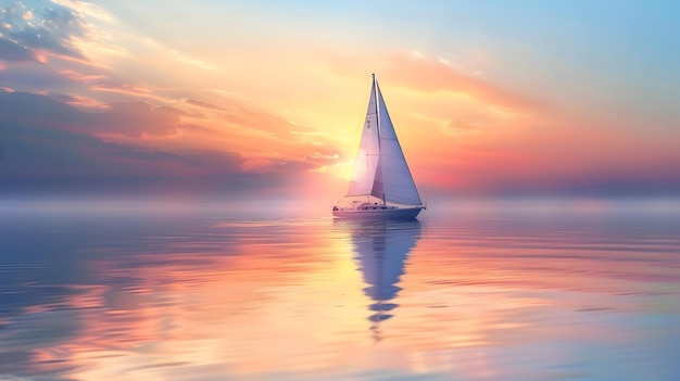 Sailboat Cuts Through Calm Ocean at Sunset