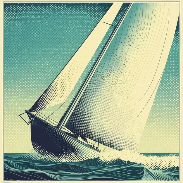 Photo sailboat cutting through waves in halftone pattern