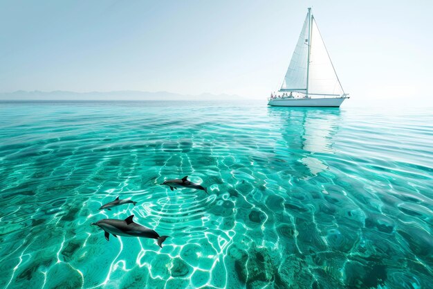 Photo sailboat and dolphins in harmony