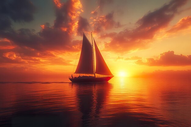 A sailboat drifting on calm waters silhouetted against a fiery sunset