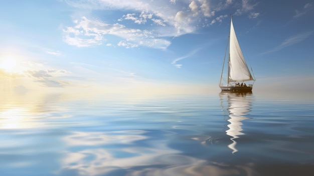 Sailboat drifting lazily on calm lake its sails billowing in the gentle summer breeze