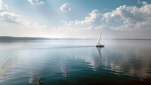 Sailboat drifting lazily on calm lake its sails billowing in the gentle summer breeze