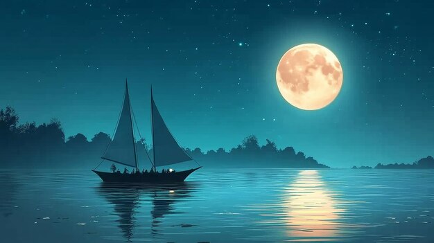 Photo a sailboat glides across a calm moonlit sea the full moon hangs high in the night sky casting a soft glow on the water and the silhouette of the boat