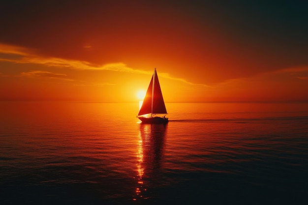 Photo sailboat gliding across calm waters at sunset with vibrant orange hues illuminating the sky