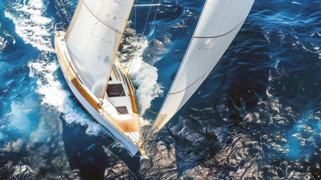 Photo sailboat gliding across sparkling blue waters propelled by gentle summer breeze