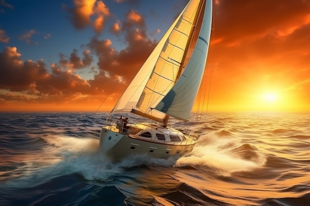 Sailboat gliding peacefully in the ocean against a breathtaking backdrop of a vibrant sunset