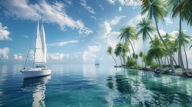 A sailboat gracefully floats on a calm body of water framed by lush palm trees swaying gently in the