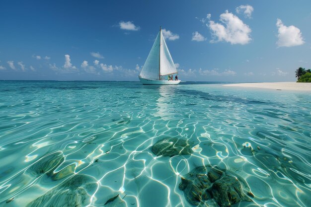 A sailboat gracefully rests on top of a tranquil body of water Sailing across crystalclear waters to a secluded island paradise