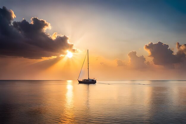 Photo a sailboat is floating in the water with the sun behind it