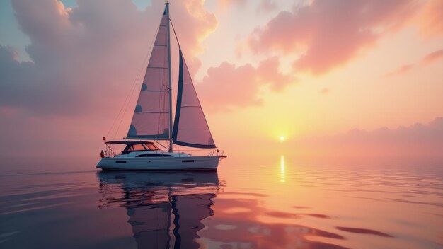 Photo a sailboat is floating on the water with the sun setting behind it