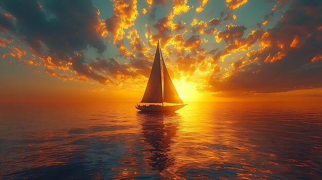 Photo a sailboat is floating on the water with the sun setting behind it