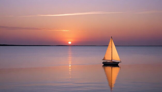 Photo a sailboat is floating in the water with the sun setting behind it