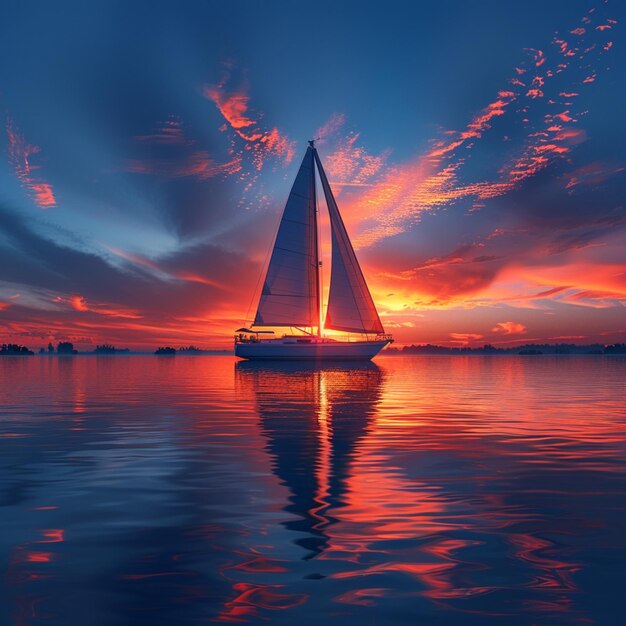 a sailboat is floating in the water with the sun setting behind it