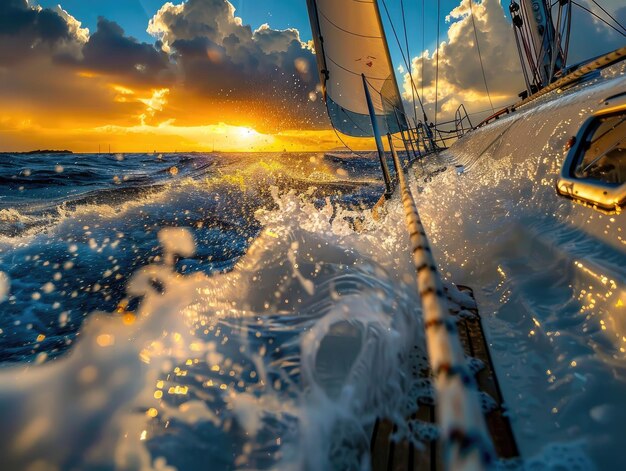 Photo a sailboat is peacefully navigating the ocean as the sun sets in the sky