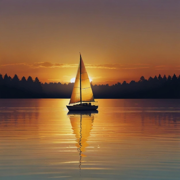 Photo a sailboat is sailing on a lake at sunset