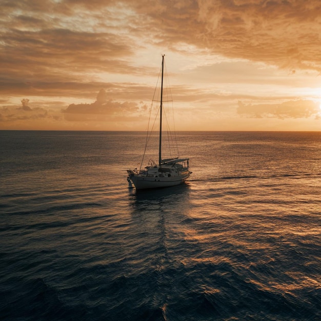 a sailboat is sailing in the ocean at sunset