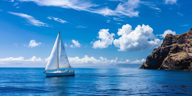 Photo a sailboat is sailing in the ocean with a mountain in the background