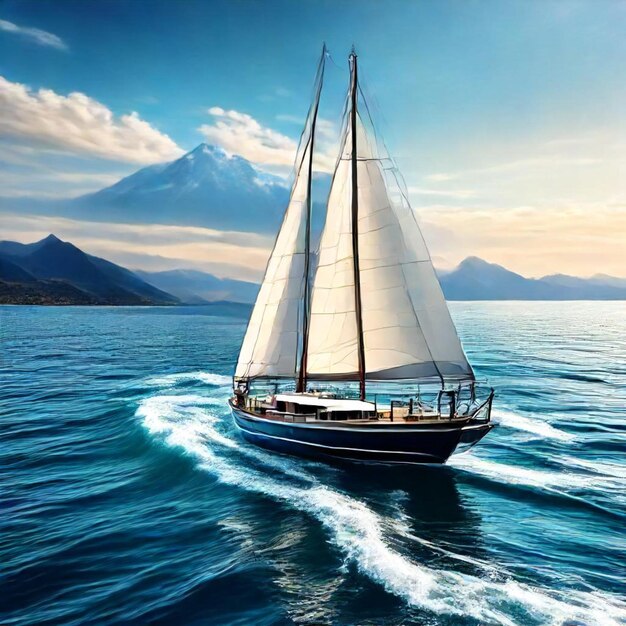 a sailboat is sailing in the ocean with mountains in the background