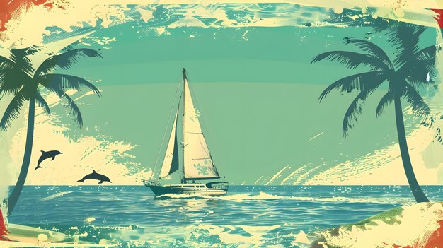 a sailboat is sailing in the ocean with palm trees in the background