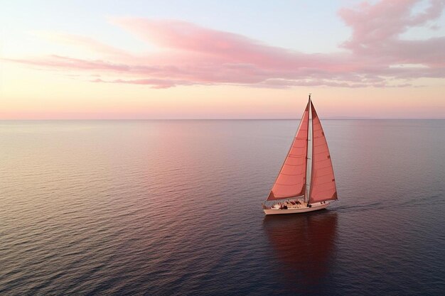 a sailboat is sailing in the ocean with a pink cloud in the sky