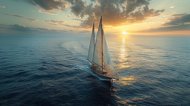 A sailboat is sailing in the ocean with the sun setting in the background