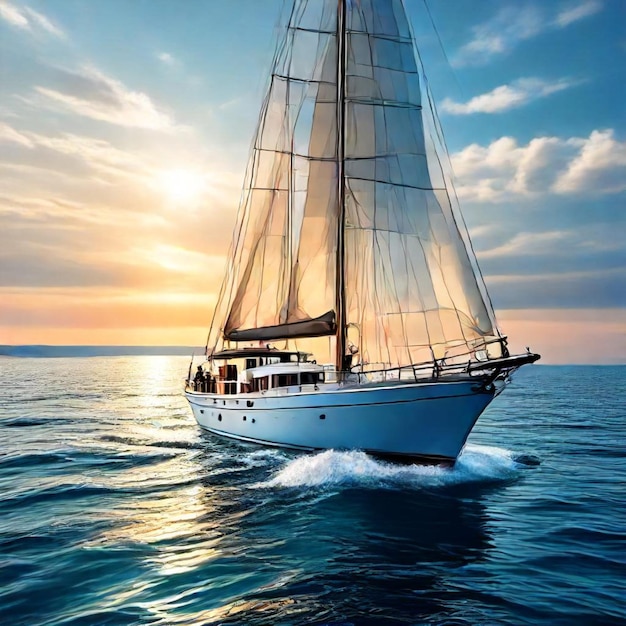 a sailboat is sailing in the ocean with the sun setting behind it