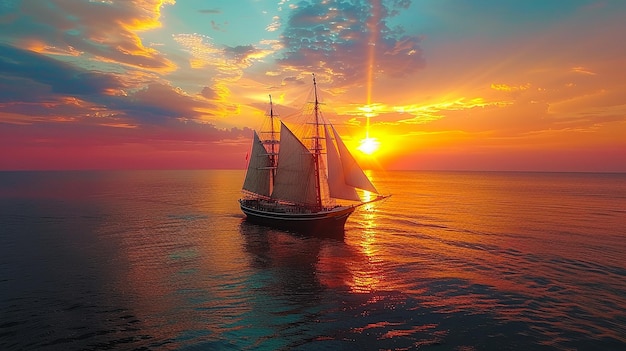 a sailboat is sailing in the ocean with the sun setting behind it