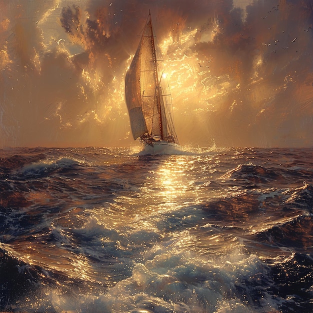 a sailboat is sailing in the ocean with the sun shining through the clouds