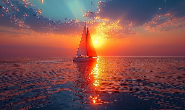 Photo a sailboat is sailing on the ocean with the sun shining through the clouds