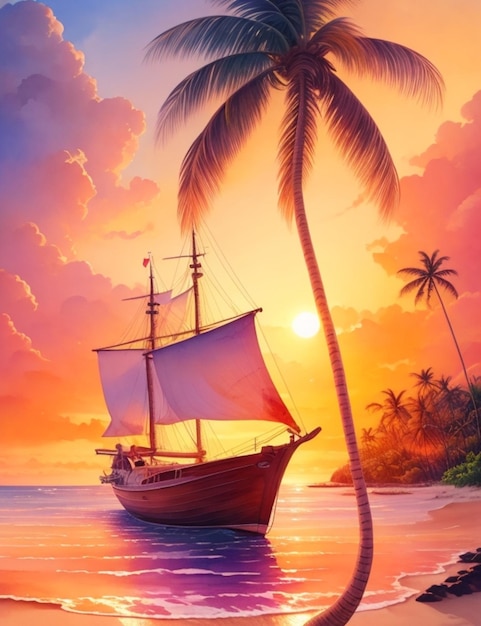 A sailboat is sailing on the ocean with a sunset in the background