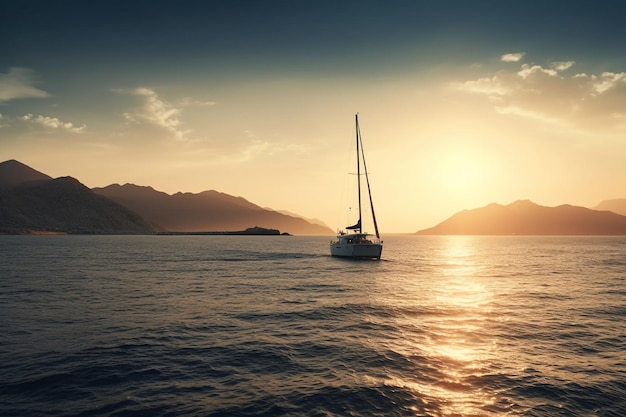 A sailboat is sailing in the sea at sunset.