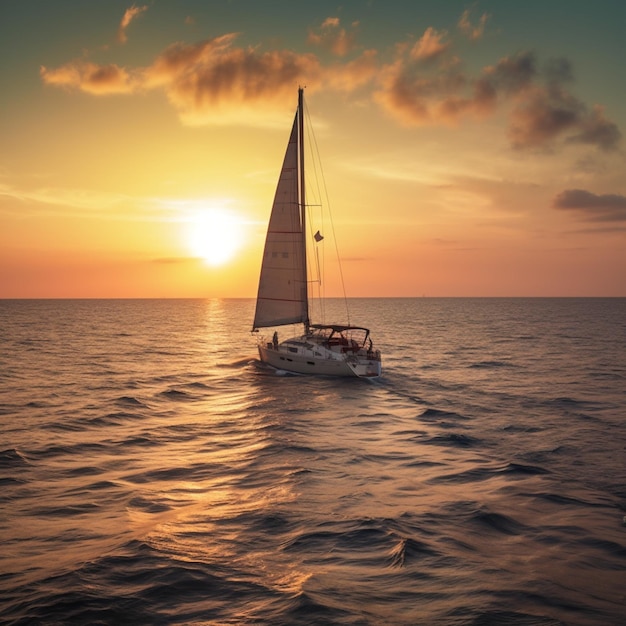 A sailboat is sailing on the water at sunset.