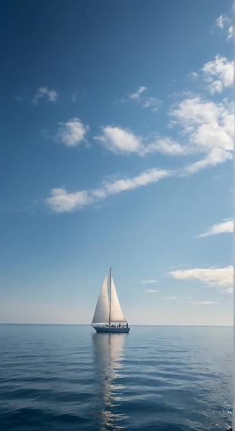 a sailboat is sailing on the water with a blue sky and clouds