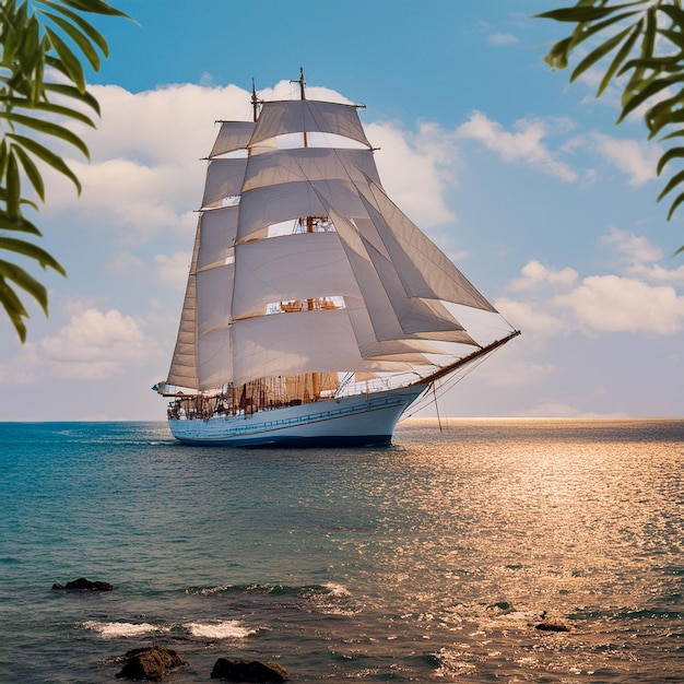 a sailboat is sailing on the water with palm trees