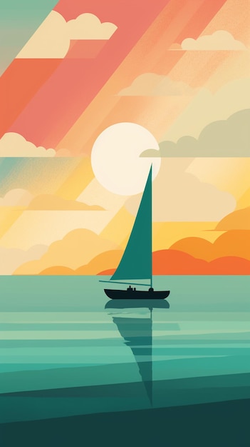 A sailboat is sailing on the water with the sun behind it.