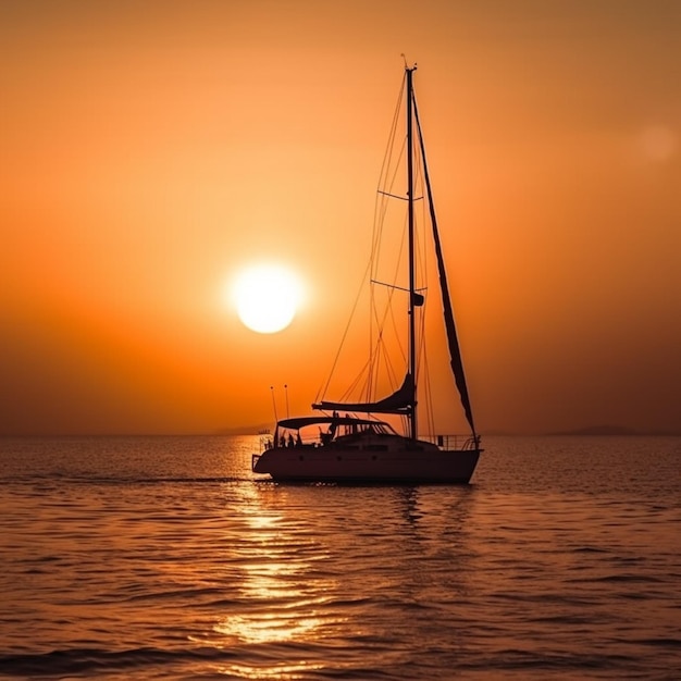 A sailboat is sailing in the water with the sun setting behind it.