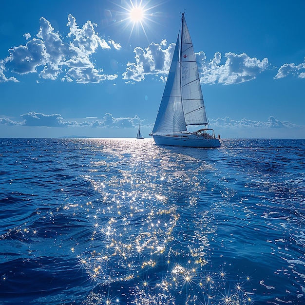 a sailboat is sailing on the water with the sun shining on the water