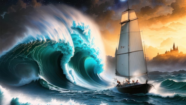 A sailboat is sailing in a wave with a large wave behind it.