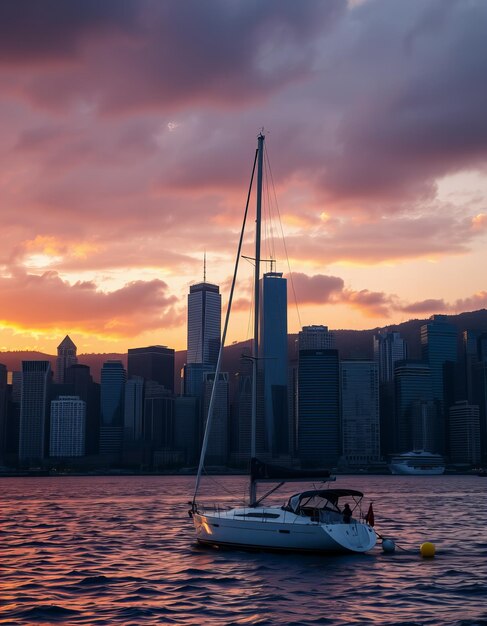 Photo a sailboat is in the water with a city skyline in the background