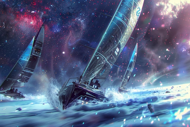 a sailboat is in the water with a star wars poster on the bottom