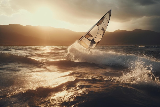 A sailboat is in the water with the sun setting behind it.