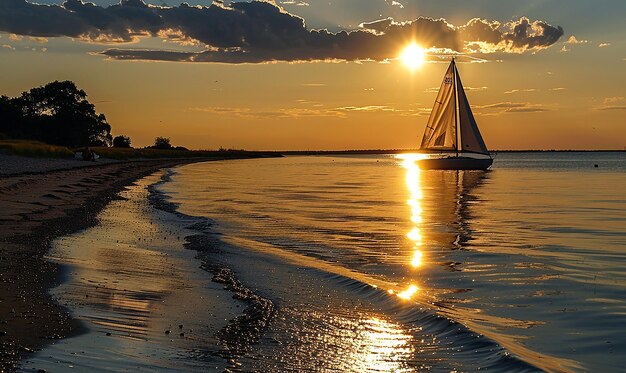 Photo a sailboat is on the water with the sun setting behind it