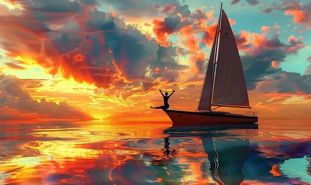 Photo a sailboat is in the water with a sunset in the background