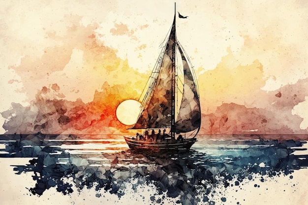 Sailboat on ocean at sunset beautiful watercolor style