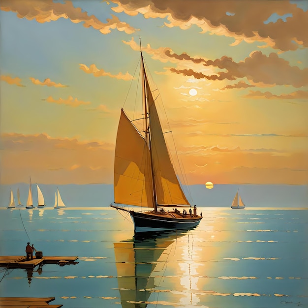 Sailboat on ocean waters with a far away horizon