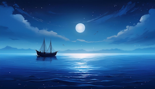 a sailboat in the ocean with a full moon in the background