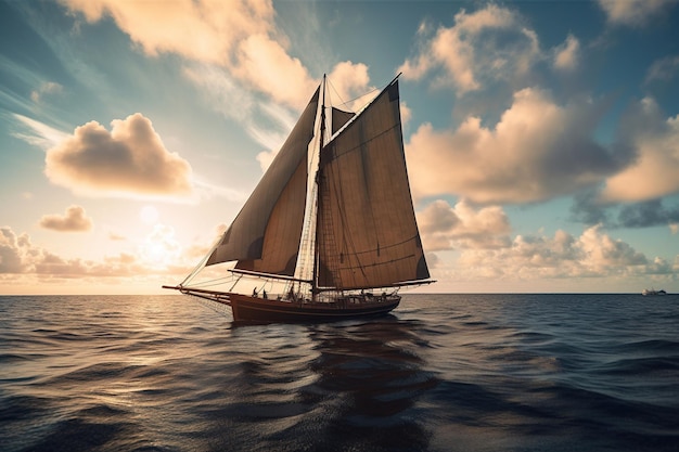 A sailboat in the ocean with the sails down.