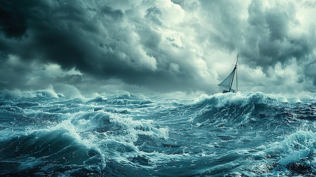 a sailboat in the ocean with a storm in the background